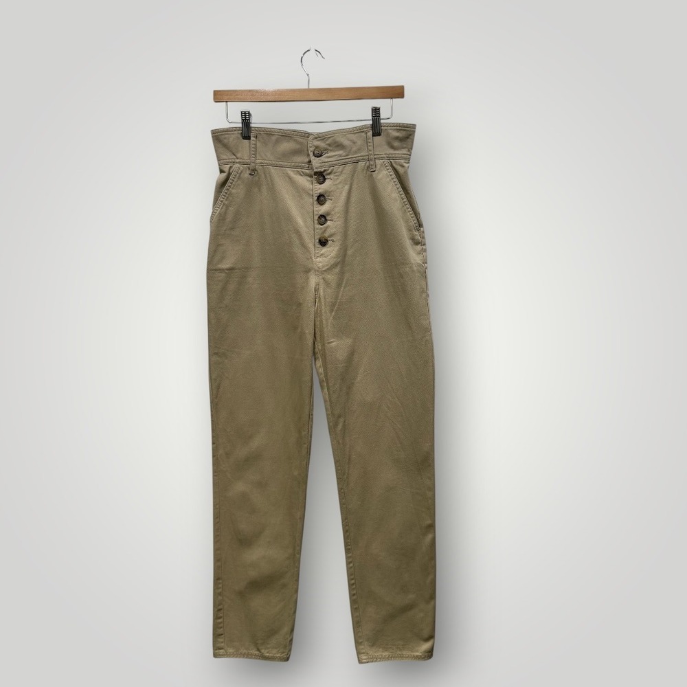 Sezane High Rise Button Fly Tapered‎ Khaki Cotton Twill Trousers Pants Size 36